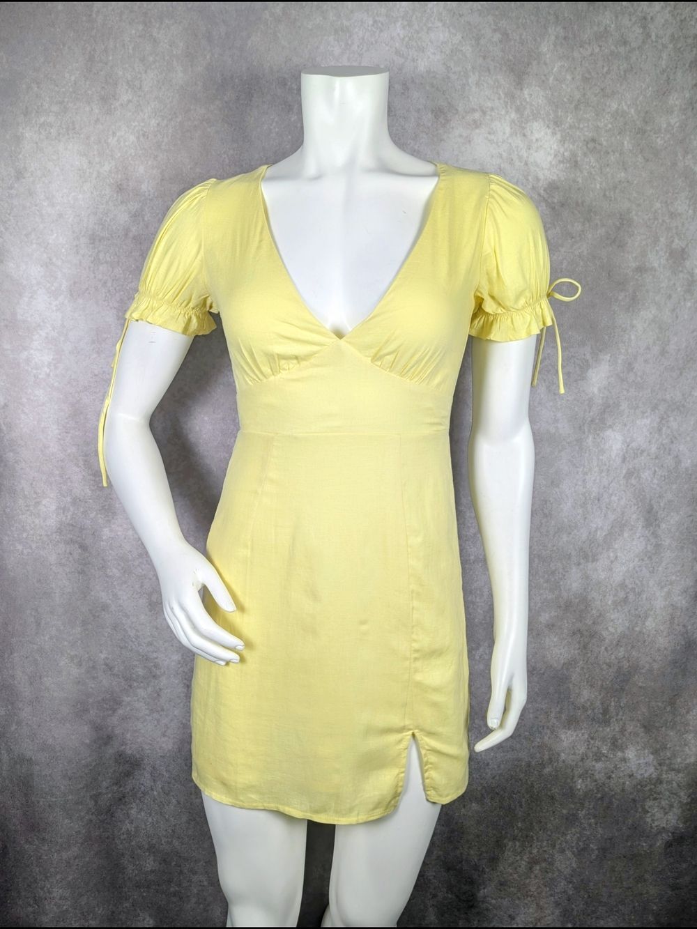 Sundae Muse Yellow Linen Mini Dress V-Neck Puff Sleeve Ruffle Tie 6
